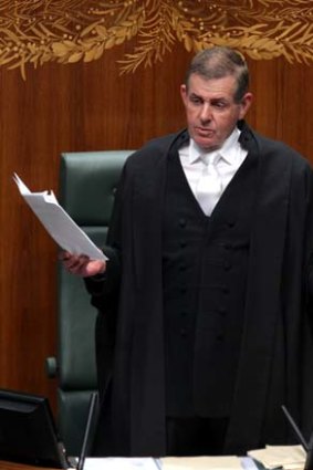 Out he goes ... Peter Slipper delivers his resignation speech on Tuesday.