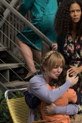 Melissa George, left, performs a scene with Dylan Schombing as Hugo and Thandie Newton as Aisha in the US version of <i>The Slap</i>.