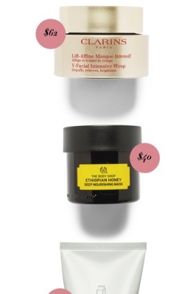 Clarins V-Facial Intensive,Wrap mask, $62.

The Body Shop Ethiopian Honey,Deep Nourishing Mask, $40.

3CE White Milk Sleeping Mask, $32.