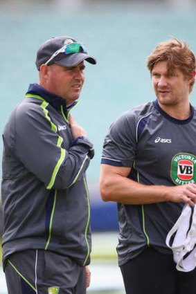 Mickey Arthur with Shane Waston during an Australian nets session at the ICC Champions Trophy last month.