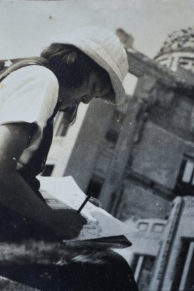 The author Junko Morimoto drawing as a young girl near what became the Hiroshima Peace Memorial. 