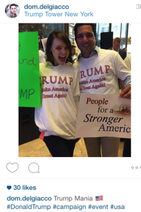 Actors Domenico Del Giacco and Courtney Klotz pose as Donald Trump fans at the announcement.