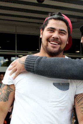 Peas in a pod: Blues rookie prop Andrew Fifita meets his twin brother, David, at Sydney International Airport on Saturday. Their infant sons, Latu Jay and Krew, met for the first time.