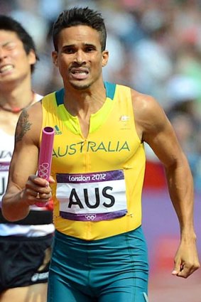 Combative &#8230; John Steffensen takes the baton in the 4x400m relay at the London Games.