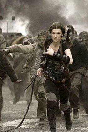 Milla Jovovich is chased by zombies in a scene from an earlier Resident Evil film.