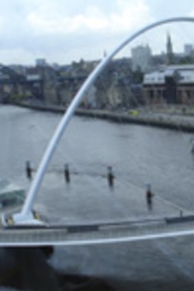 The Millennium Bridge, a pedestrian and cycle overpass connecting Newcastle upon Tyne with Gateshead.