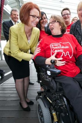 Prime Minister Julia Gillard shares a laugh with Lynne Foreman at Monday's announcement that the headquarters for DisabilityCare will be in Geelong.