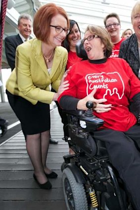 Prime Minister Julia Gillard shares a laugh with Lynne Foreman at Monday's announcement that the headquarters for DisabilityCare will be in Geelong.