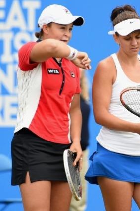 Ashleigh Barty with doubles partner Casey Dellacqua during the final of the Aegon Classic at Edgbaston Priory Club in Birmingham on June 15.