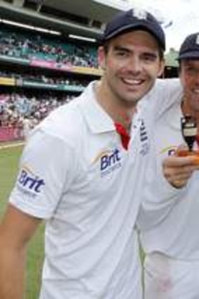 Sweet taste of victory: Tremlett (right) soaks up England's Ashes success in 2011 with teammates James Anderson, Graeme Swann and Alastair Cook.