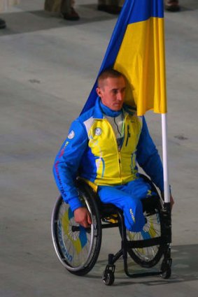 Flagbearer Mykailo Tkachenko was the only Ukraine team representative in the opening ceremony.