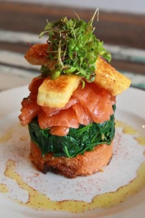 The sweet potato rosti with spinach, house-cured salmon and haloumi.