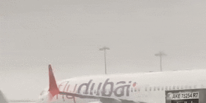 A plane in Dubai during flooding.