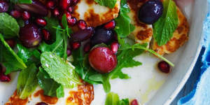 Neil Perry's warm haloumi salad with pomegranate and lemon dressing.