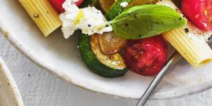 Rigatoni with zucchini and cherry tomatoes.