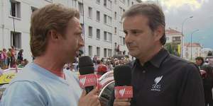 Mitchelton-Scott sporting director Matt White speaks to SBS commentator Michael Tomalaris in France at a previous Tour.