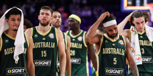 The Boomers looked dejected after their loss to Slovenia at Okinawa Arena.