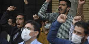 Protesters chant slogans during a demonstration to condemn planned Koran burnings by a right-wing group in Sweden,in front of the Swedish Embassy in Tehran,Iran.