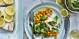 Baked Murray cod fillet with sweetcorn and basil butter. Styling by Hannah Meppem and food preparation by Breesa Swann.