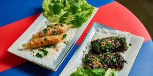 Thy Thy's rice vermicelli cakes with sugarcane prawns (left) and grilled beef and betel leaf.