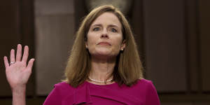 Supreme Court nominee Amy Coney Barrett is sworn in during a confirmation hearing before the Senate Judiciary Committee.