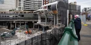 The former Harbourside Shopping Centre and Monorail station being demolished in Darling Harbour in June 2023.