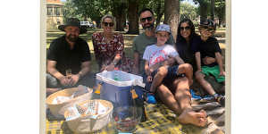 The Dearn family chills out with croissants,bubbles and their Esky on a Christmas Day in Melbourne.