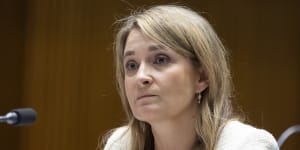 Former Optus chief executive Kelly Bayer Rosmarin during a Senate hearing last year. She resigned three days later.