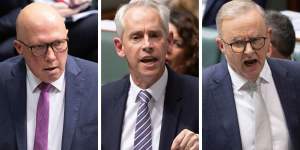 Fiery question time:Opposition Leader Peter Dutton,Immigration Minister Andrew Giles and Prime Minister Anthony Albanese.