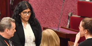 Samantha Ratnam in the upper house last year with fellow crossbenchers Andy Meddick and Fiona Patten (in white) and Labor minister Jaclyn Symes.