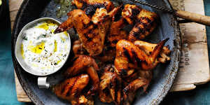 Southern smoky chicken wings with goat's curd dressing.