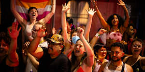 Spectators cheering at Sydney’s 2026 Mardi Gras parade in February.
