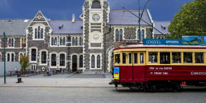 SatOct15OneOnlyChristchurch One of the Christchurch,New Zealand,distinctive heritage passes the city's historic Arts Centre complex. Photo:supplied