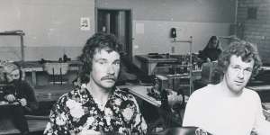 Brian Singer and Rod Barr making wetsuits in the Torquay factory in 1975.