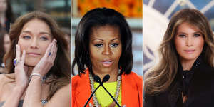 Carla Bruni in Cannes in 2023 has a substantial jewellery collection but is rarely seen with her engagement ring. Michelle Obama with her original single solitaire ring in 2012. Melania Trump’s official portrait with her replacement ring in 2017.