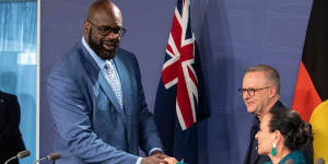 Prime Minister Anthony Albanese and Minister for Indigenous Australians Linda Burney with former NBA star Shaquille O’Neal last week.