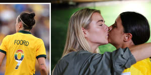 Caitlin Foord left) wearing the Matildas’ pride jersey during the 2023 Cup of Nations;US player Kristie Mewis (centre) with partner Sam Kerr (right) following the Matildas’ quarter-final showdown with France.
