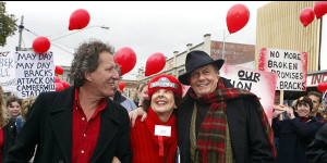 Geoffrey Rush,Mary Drost and Barry Humphries at a rally opposing the development of Camberwell Station.