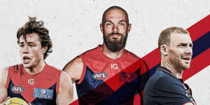 The Demons aim to regain respect in 2024. From left:Young gun Tom Sparrow,captain Max Gawn and coach Simon Goodwin.