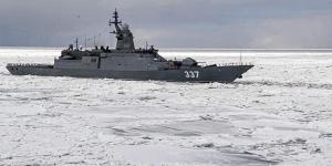 A detachment of warships of the Pacific Fleet passes through ice fields in La Perouse Strait from the Sea of Japan to the Sea of Okhotsk. The Russian military has launched a series of drills amid tensions with the West over Ukraine. 