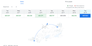 A search for a one-way flight from London to Sydney on midday Saturday.