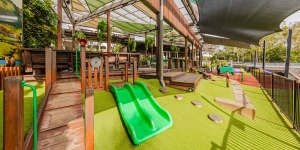 The Glen Hotel’s design gives parents up on the deck a good view of the lengthy playground.