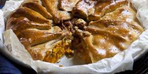 Pumpkin and feta pie with olive-oil pastry.
