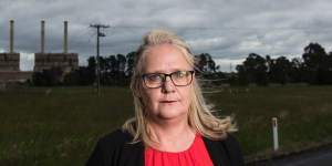 Wendy Farmer,in front of Hazelwood power plant in 2016,formed community group Voices of the Valley and says there's no reason the Latrobe Valley couldn't become a renewable energy hub.