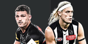 Nathan Cleary (lleft) brought the Panthers back from the brink in the NRL grand final,while Collingwood’s Darcy Moore shone in the AFL clash. 