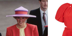 Princess Diana in a Catherine Walker suit at Ascot raceourse in 1990;a Rebecca Vallance puff-sleeve midi-dress,$649;Siren block heel sandals,$189.95,Myer;A-esque puffa clutch,$600. 