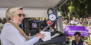 Jane Caro speaking at one of the 2019 rallies to support decriminalisation of abortion in NSW.