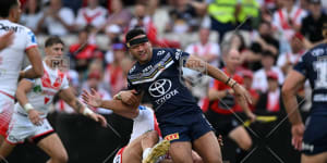 Kulikefu Finefeuiaki in action for the North Queensland Cowboys against the Dragons.