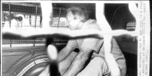 Tom Uren sits in the back of a police van after being arrested in Brisbane in January 1979,one of several encounters with the regime of Joh Bjelke-Petersen.