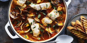 Spicy seafood and potato stew with fennel,tomatoes and saffron.